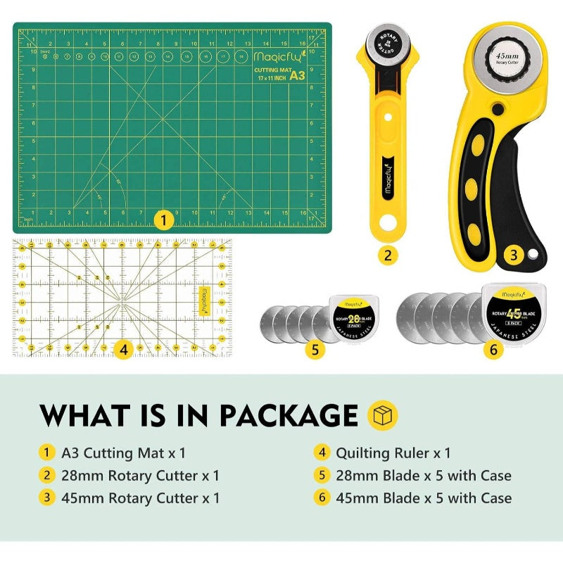 Complete Rotary Cutter Set with 45mm & 28mm Fabric Cutters, A3 Self-Healing & 12x6 Inch Quilting Ruler - Heavy-Duty Double-Sided Cutting Board for Quilting, Sewing, Fabric Crafting Kit with 10 Blades (for hobbyists & Professi