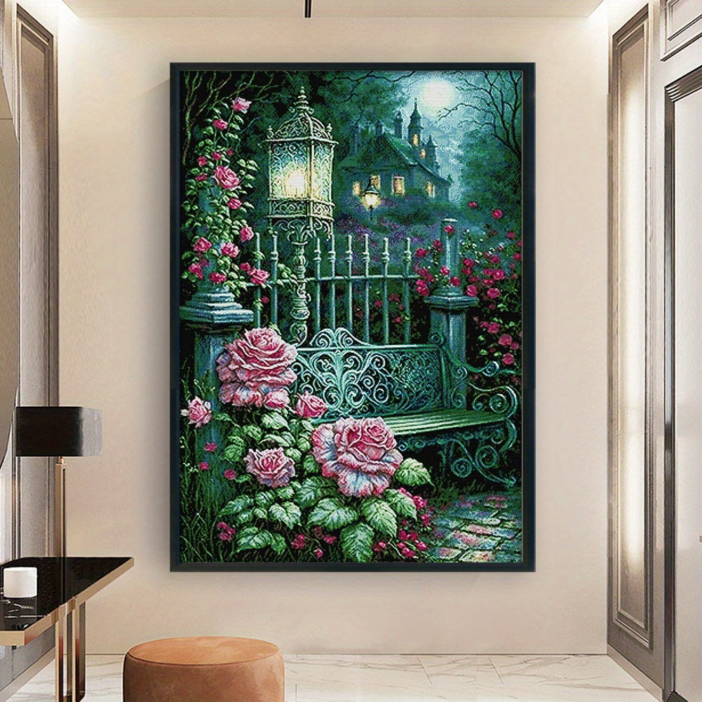 14CT Moonlight Rose Garden DIY Cross Stitch Kit - Enchanting Nighttime Garden Scene with Pink Roses & Lantern, Full Embroidery Thread, Ideal for Home & Office Decor, Perfect Gift for Adults & Beginners, 24.41x35.43inch, Cross