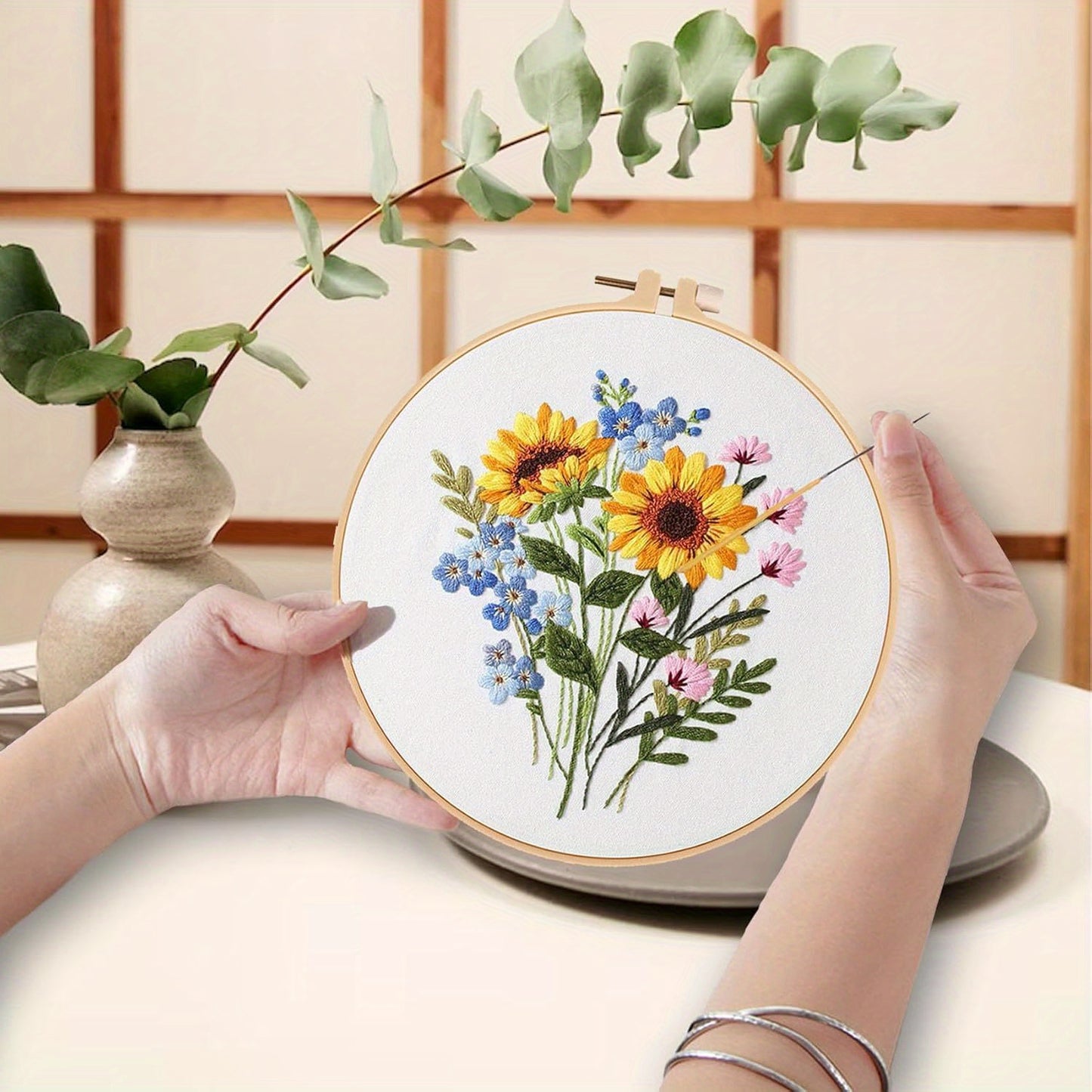 Ohcol 3 Sets Embroidery Kit for Beginners Cross Stitch Kits Needlepoint Kits Crafts for Adults with 3 Embroidery Hoops Easy-to-Follow Operating Instructions, Needle Point Kits with Flowers Patterns