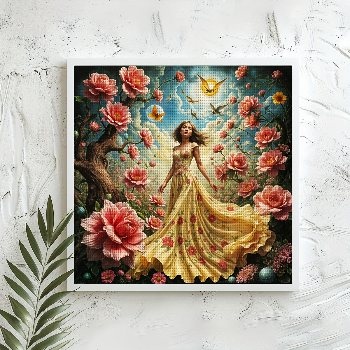 1pc JOZYSH Frameless Cross Stitch Kit for Adults & Beginners - Large 40x40cm/50x50cm (15.7x15.7"/19.7x19.7") DIY Complete Set with Pre-Printed Fabric Canvas, Threads, Needles & Instructions - Elegant Girl with Peonies & Butte