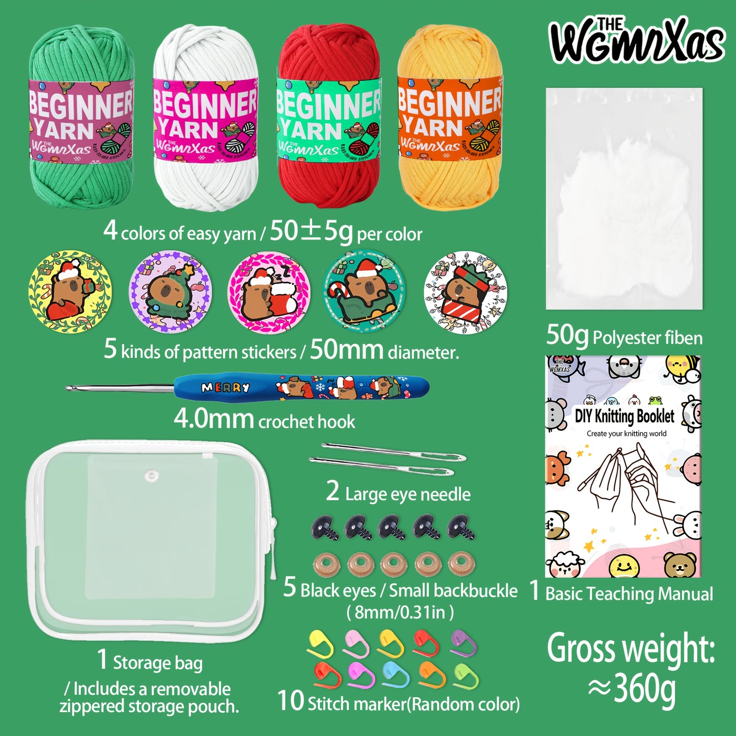 4pcs Yarn Crochet, Beginner Yarn, Crochet Yarn, Crochet Yarn with Easy-to-See Stitches, Storage Tote Bag, Straight Pins, Capybara Theme Crochet Kit, Crochet Yarn For Beginners