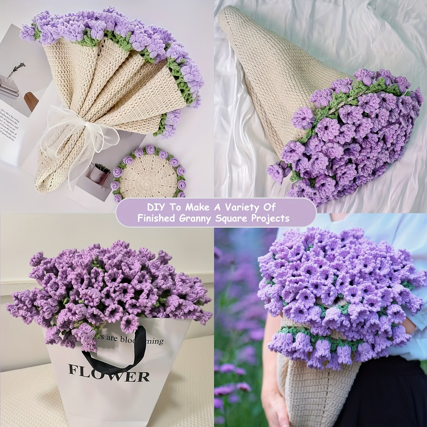 Complete DIY Crochet Flowers Bouquet Blanket Kit - 43-Inch Round Handmade Yarn Throw with 12 Yarn Balls, Crochet Hook & Tools for Beginners, Adults - All-Season Soft Knitting Craft (Pink/Red/Green) - Cozy Handmade Gift