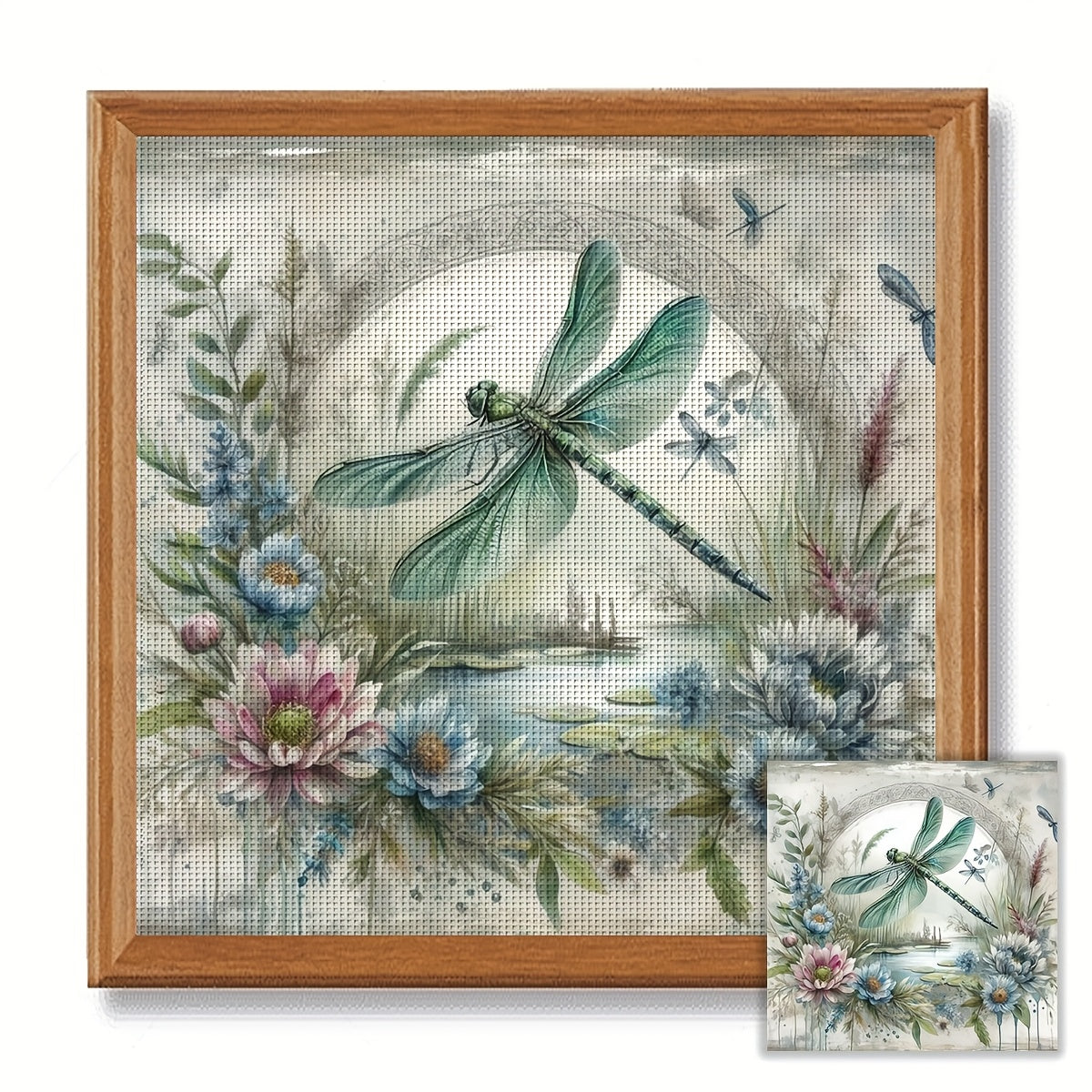 1pc JOZYSH 40x40cm/15.7x15.7" Unframed Dragonfly & Floral Cross Stitch DIY Kit - Easy Beginner Project with Printed Canvas, Needles, Threads, Patterns & Instructions - Perfect for Home & Office Decor, Ideal Gift for Friends &