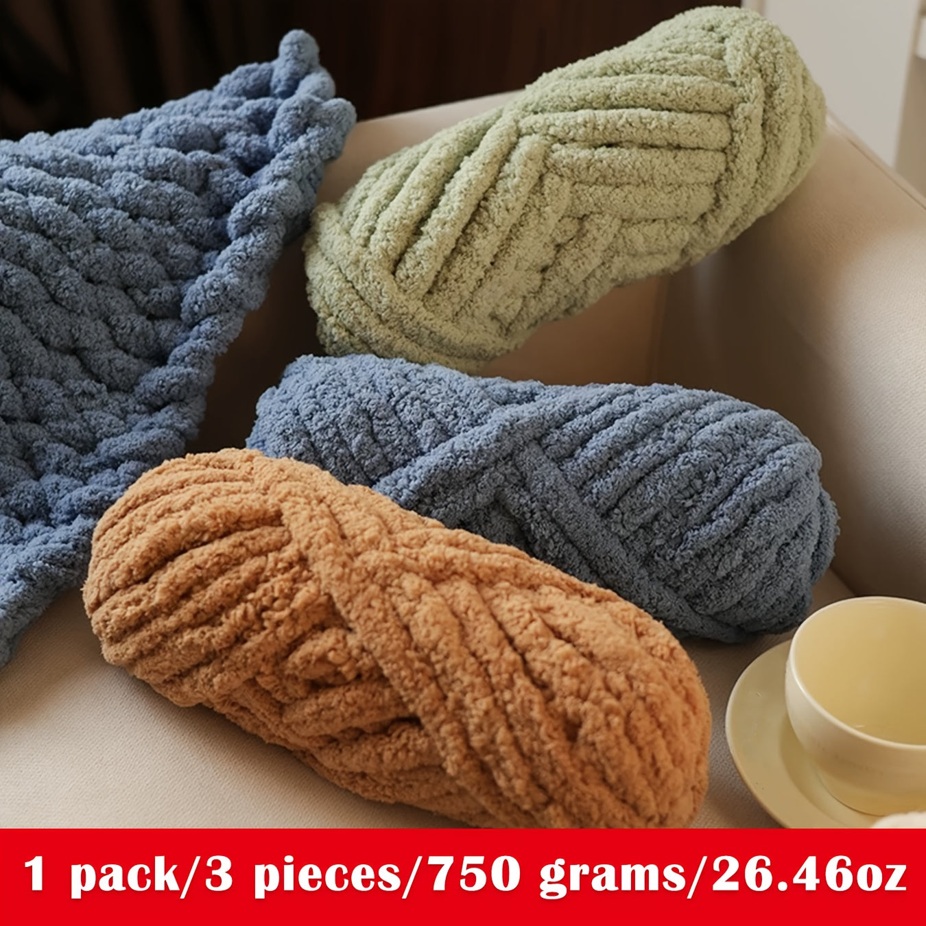 1 Pack/3 Balls/750g Large Roll Heavyweight Extra Thick Cat Tail Knitted Scarf Yarn Polyester Icelandic Yarn for Scarves, Hats, Rugs, Pet Beds, Chenille Yarn, Suitable for Blankets, Children's Blankets, and Soft Mats, Multiple