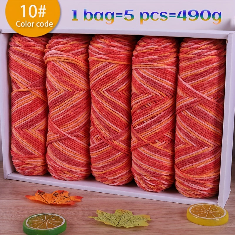 490g Multicolor Gradient Ombre Yarn Skein for Hand Knitting, 5-Ply Yarn Ball for Autumn/Winter Fashion Sweaters, Scarves, Hats, Gloves, Gifts, and Crafts, 5 Skeins per Pack