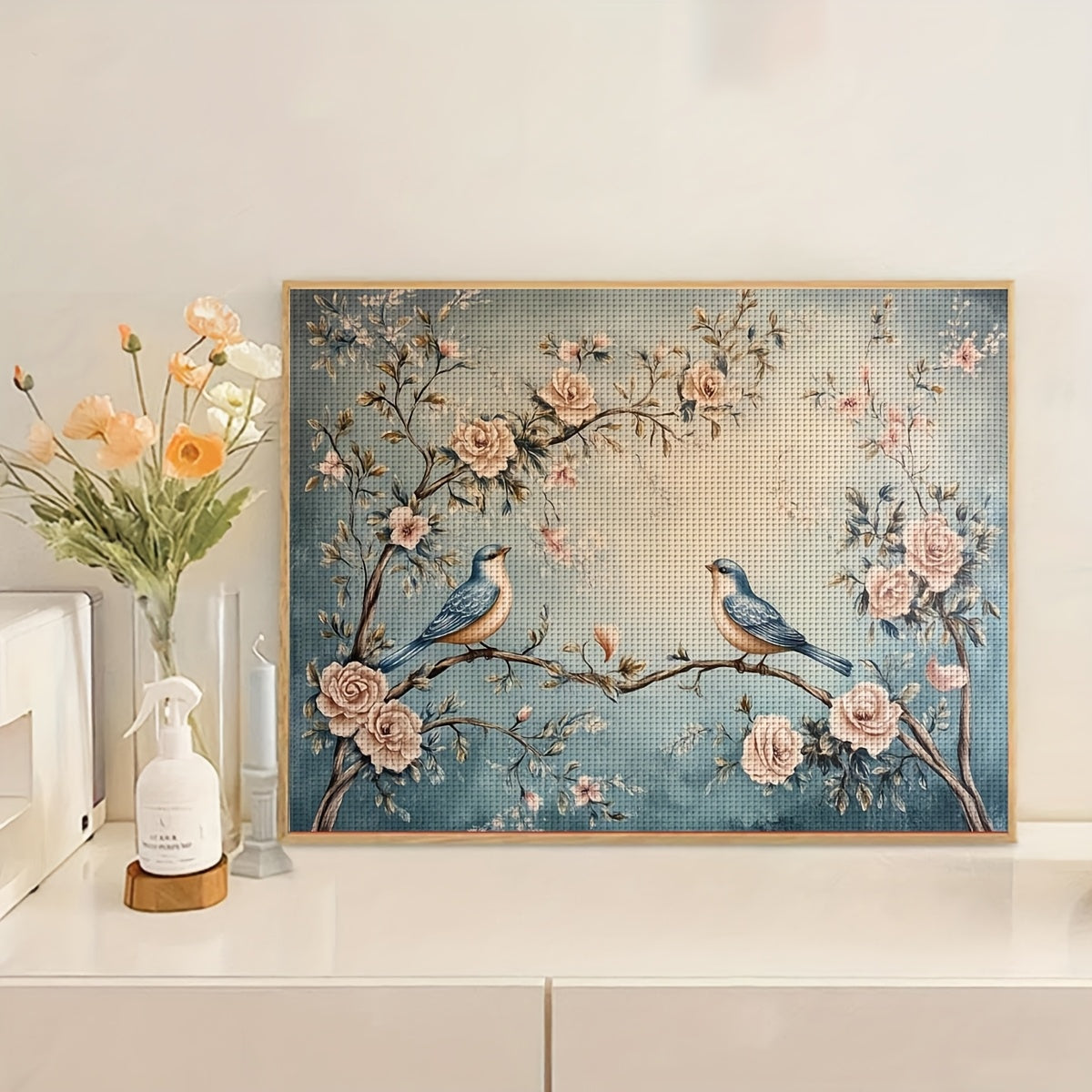 JOZYSH 2D Cross Stitch Kit - Bluebirds & Peach Blossoms Design, 11x15 Inch Fabric, Embroidery Threads, Needles, and Detailed Instructions for Beginners, Perfect for Home Decor in Living Room or Bedroom, Relaxing DIY Craft, Be