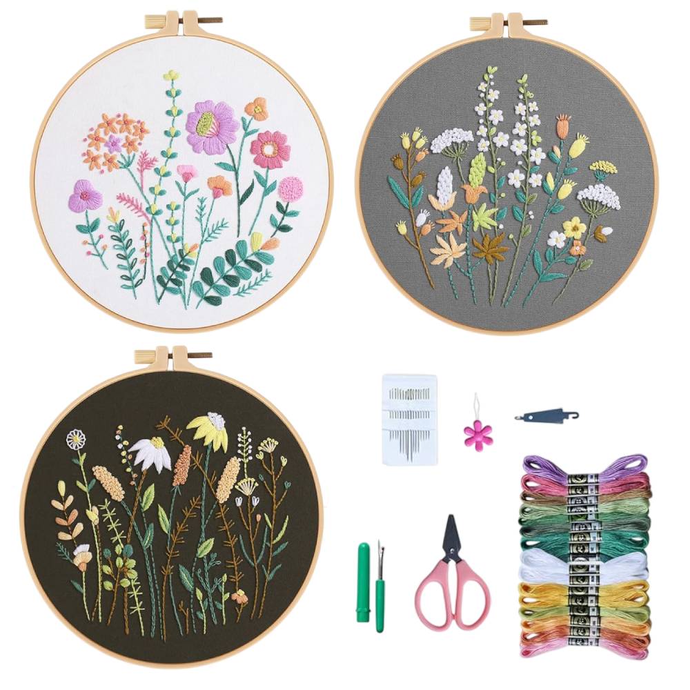 3 Pack Embroidery Starter Kit | Stamped Cross Stitch Kits with Cute Flowers and Plants Patterns, Embroidery Hoop, and Color Threads for Beginners and Adults, Suitable for All Seasons.
