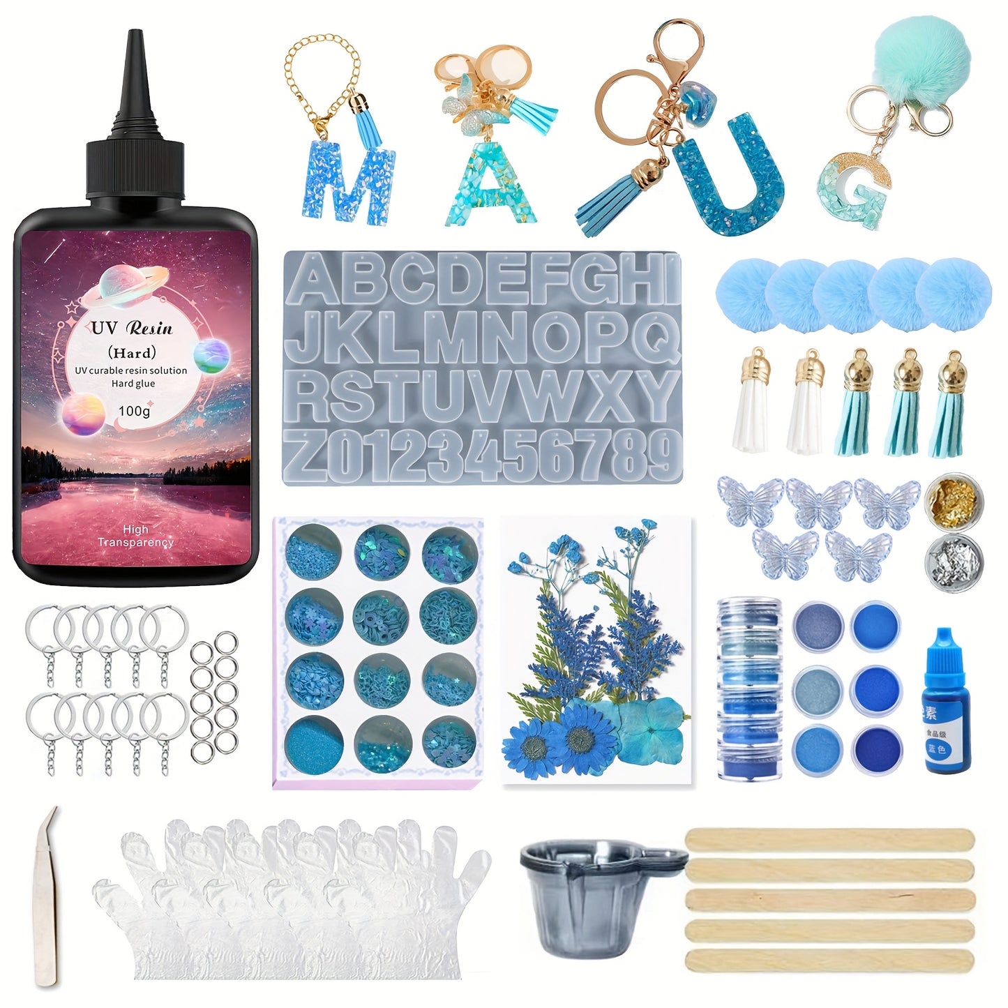 UV Resin Jewelry Making Kit for Beginners - 100g Clear Fast-Curing Resin with Silicone Molds & Dried Flowers | All-in-One Starter Pack (Measuring Cups, Gloves, Stir Sticks) | DIY Necklace Keychain Earrings Craft Supplies |Bub