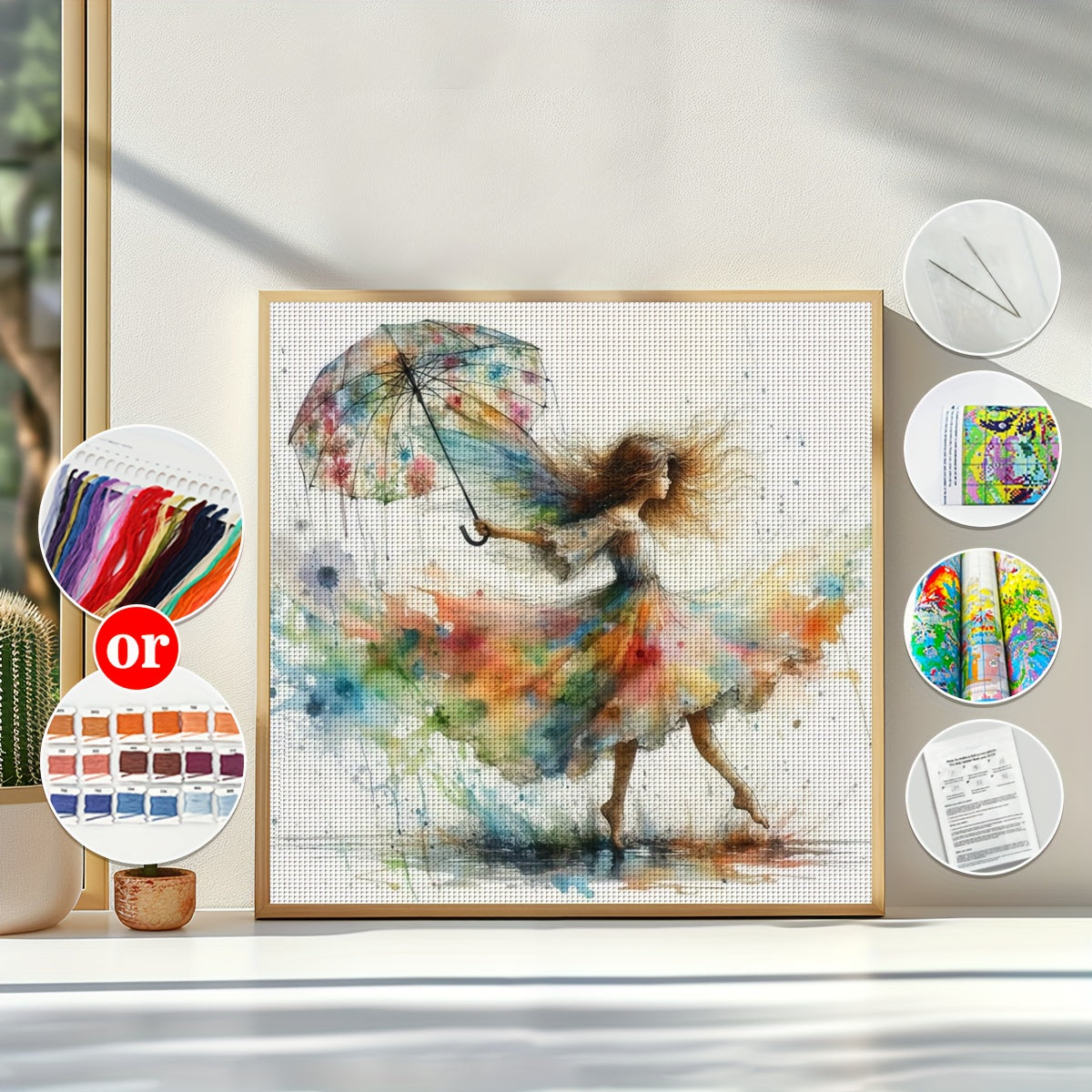 1pc JOZYSH 40x40cm DIY Cross Stitch Kit - Vibrant Umbrella Lady Canvas Art, Includes Fabric, Threads, Needle, Pattern & Instructions - Perfect for Beginners, Ideal for Home & Office Decor, Gift for Friends & Family, Beginner