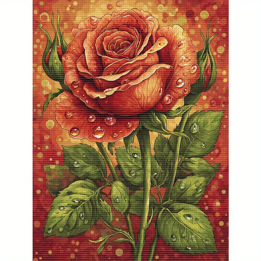 1pc DIY Floral Cross Stitch Kit - 13, 8x17, 7in Frameless Fabric, 11CT Printed Design with Red Rose & Green Leaves, White & Mixed Colors, Perfect for Home Wall Decor, Mother'S Day Gift, Crafting & Sewing, Cross Stitch Kits fo