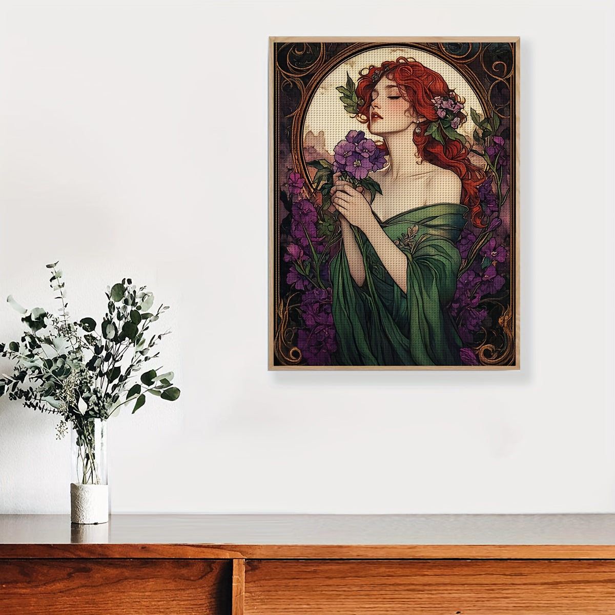 1 Set 11CT/14CT Moonlit Elegance Cross Stitch Kit - Vibrant Red-Haired Lady with Purple Flowers, Includes Canvas, Needles, Threads, Patterns & Instructions - Ideal for Bedroom & Living Room Decor, Perfect Gift, 30x40cm/11.8x1