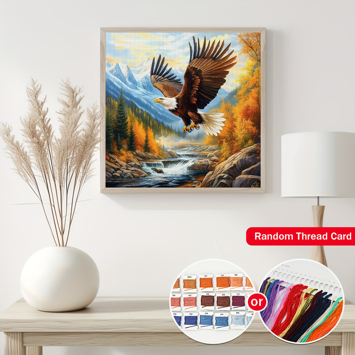 JOZYSH 1set 40x40cm/15.7x15.7Inch DIY Cross Stitch Kit Frameless, Flying eagle, stamped cross stitch kits, Embroidery Set for Home Decor, Includes Patterned Fabric & Threads, Perfect for Living Room Entrance or Bedroom Decora