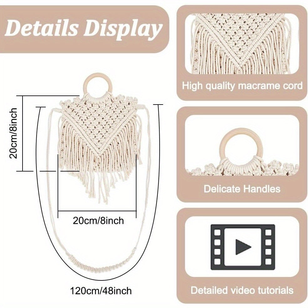 1Set Macrame Bag Kit Bohemian Tassel Handbag DIY for Adults Beginners Includes 0.12" Natural Macrame Cord Wooden Purse Handle Storage Bag for Women Holiday Beach Decor with Video Instruction