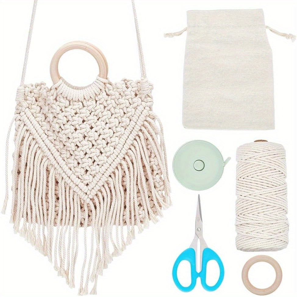 1Set Macrame Bag Kit Bohemian Tassel Handbag DIY for Adults Beginners Includes 0.12" Natural Macrame Cord Wooden Purse Handle Storage Bag for Women Holiday Beach Decor with Video Instruction