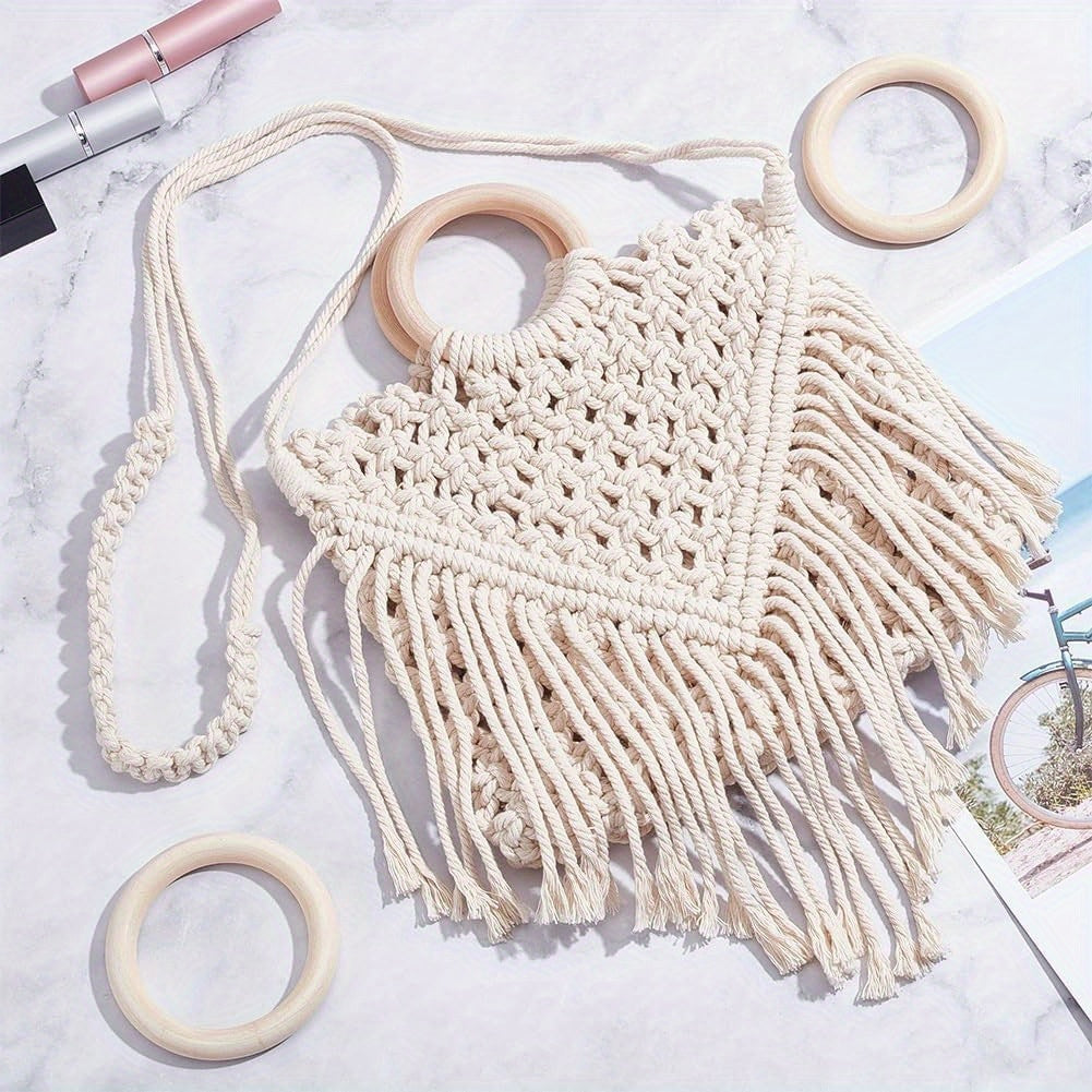 1Set Macrame Bag Kit Bohemian Tassel Handbag DIY for Adults Beginners Includes 0.12" Natural Macrame Cord Wooden Purse Handle Storage Bag for Women Holiday Beach Decor with Video Instruction