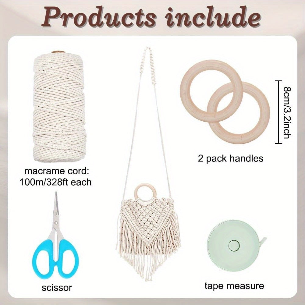 1Set Macrame Bag Kit Bohemian Tassel Handbag DIY for Adults Beginners Includes 0.12" Natural Macrame Cord Wooden Purse Handle Storage Bag for Women Holiday Beach Decor with Video Instruction