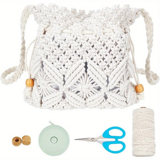 1set Macrame Kit Bohemian Drawstring Bag Macrame Purse Set for Adults Beginners Includes 3mm/ 0.12" Natural Macrame Cord Crochet Bags for Women Holiday Beach Decor with Instruction Sewing Kit