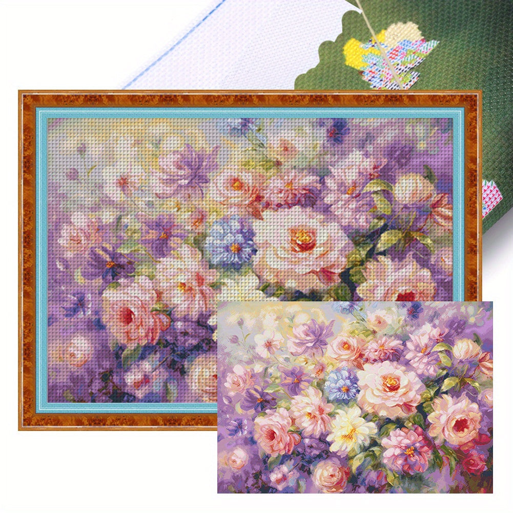 Stamped Cross Stitch Kits for Adults, Flowers Embroidery Kits for Beginners, 14CT Patterns, Counted Embroidery Needlepoint Kits Home Decor, 49.61x38.19in