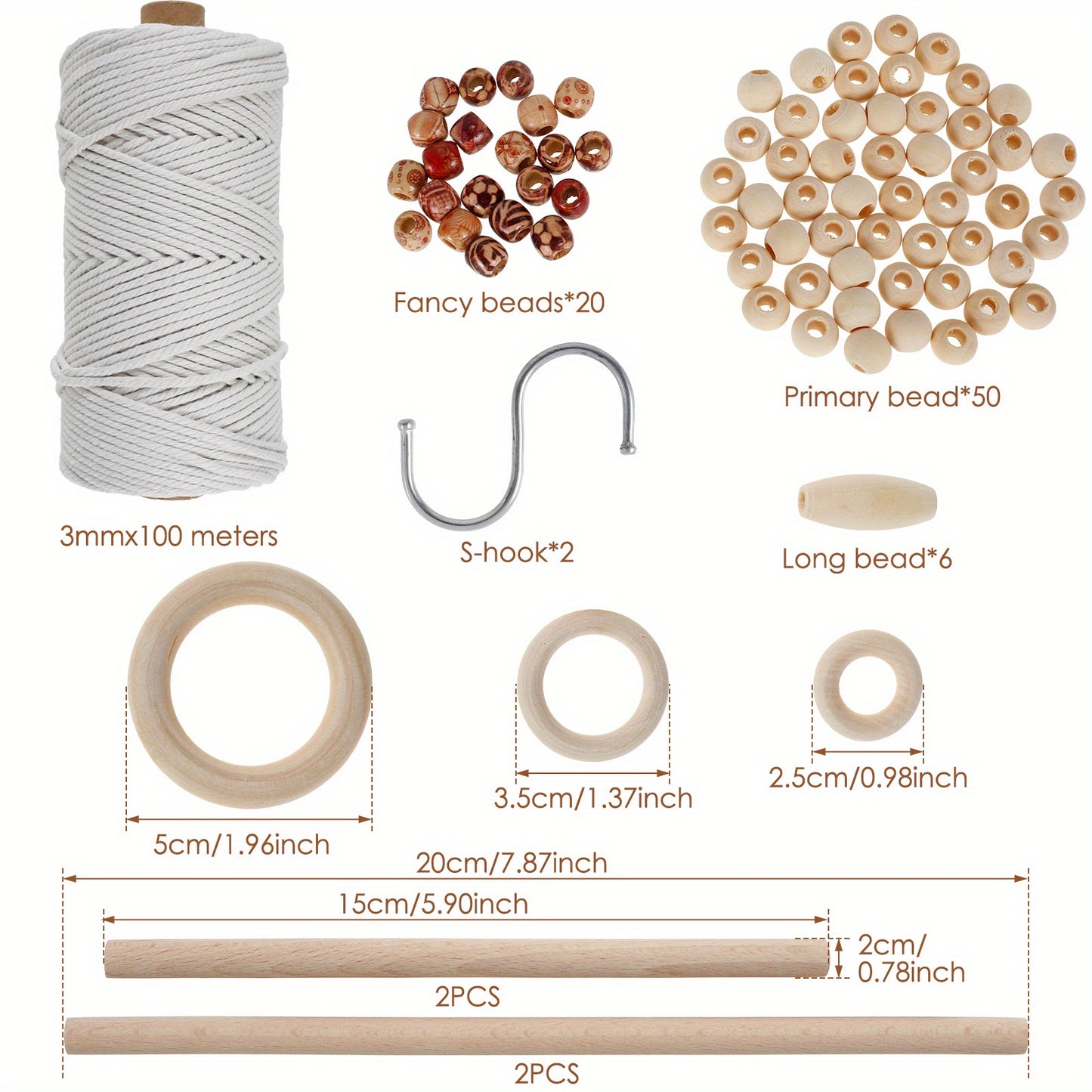 1set Macrame Kit for Beginners Natural Rope Macrame Wall Hanging Kit Complete Macrame Making Kit DIY Macrame Supplies with Wood Beads Wood Rings Wood Sticks S Hooks for Wall Hangings