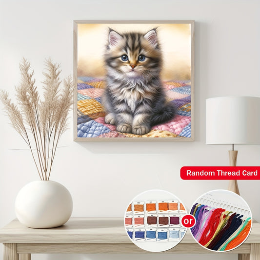 1set 40x40cm/15.7x15.7Inch DIY Cross Stitch Kit Frameless, Cute kitten, stamped cross stitch kits, Cross Stitch Set for Home Decor, Includes Patterned Fabric & Threads, Perfect for Living Room Entrance or Bedroom Decoration a