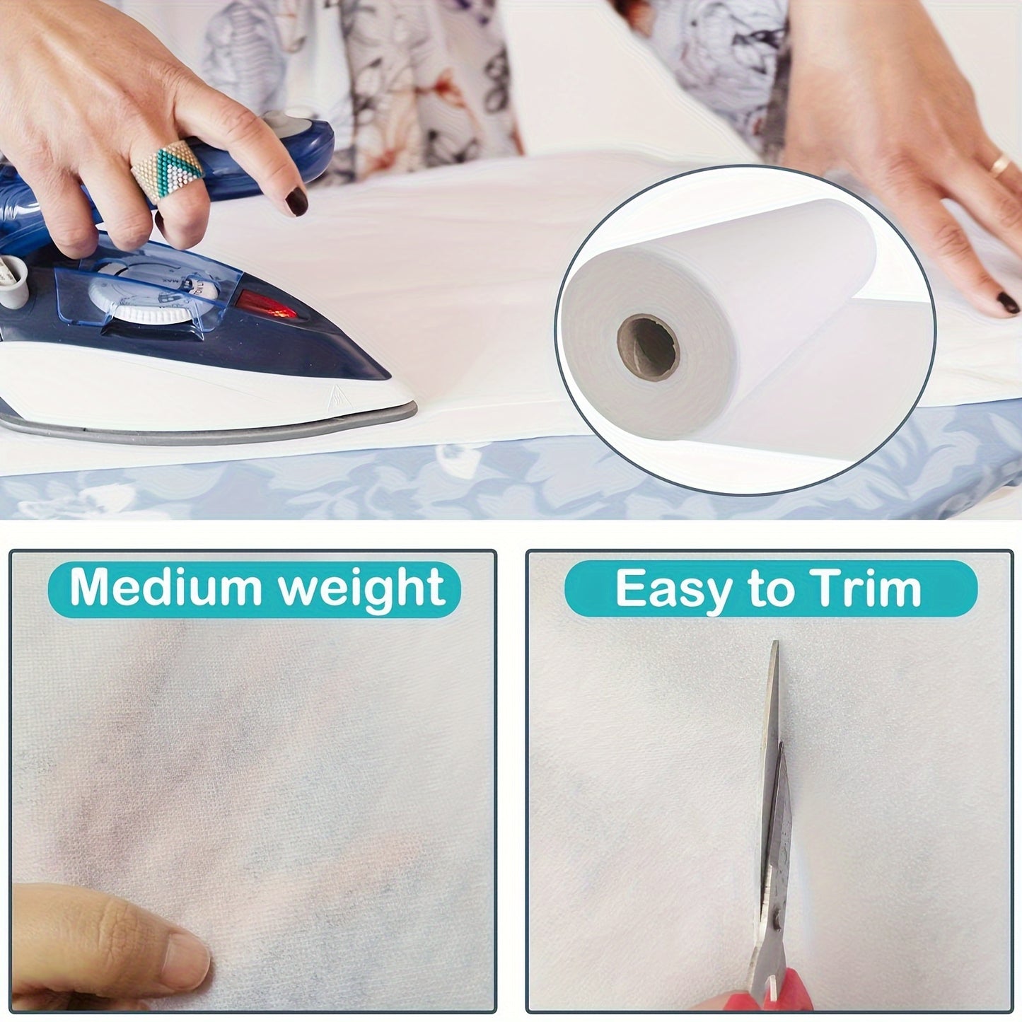 Iron-On Fusible Interfacing Roll - Medium Weight Nonwoven Polyester, Single-Sided Adhesive Fabric for Quilting & DIY Crafts, Easy to Trim, 11.8 Inches x 535.43 Inches