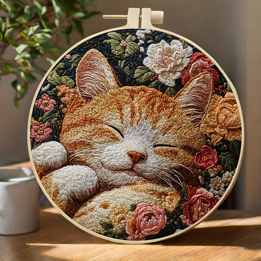 Complete Cat & Floral Embroidery Kit for Adults Beginners with Printed Patterns, Pre-Printed Fabric Hoops & Needles - All-Season DIY Craft Set with Step-by-Step Instructions, Vibrant Colors - Perfect Birthday/Holiday Gift for