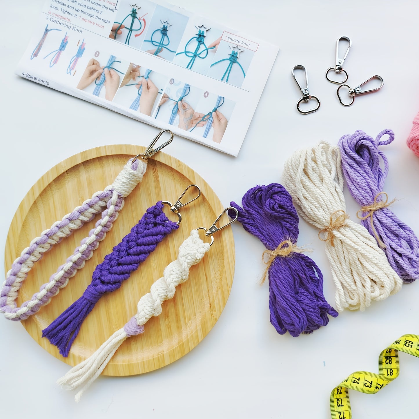 3pcs Macrame Keychain DIY Kit - Easy-to-Follow Instructions, Polyester Rope in Beige, Purple, and Cream, Perfect for Beginners & Ideal Holiday Gift, All-Season Craft Kit|Macrame Crafts|Polyester Rope