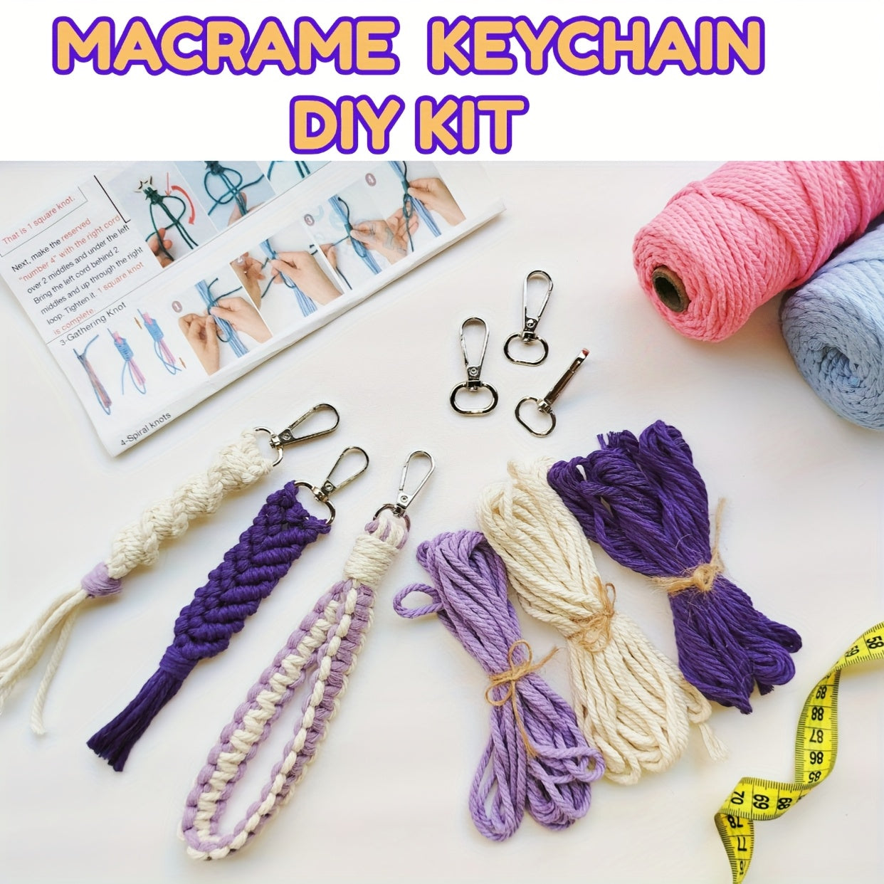 3pcs Macrame Keychain DIY Kit - Easy-to-Follow Instructions, Polyester Rope in Beige, Purple, and Cream, Perfect for Beginners & Ideal Holiday Gift, All-Season Craft Kit|Macrame Crafts|Polyester Rope