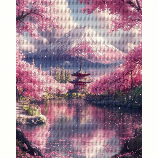 JOZYSH Cherry Blossom Cross Stitch Kit - DIY Needlepoint Craft with Pre-Printed Pattern, 11CT/14CT, Includes Fabric, Threads, Needles & Instructions, Ideal for Living Room & Bedroom Wall Decor, Landscape Craft Kit|Scenic Land