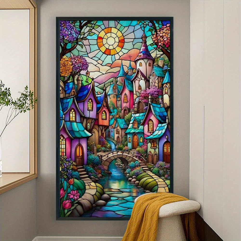 Stamped Cross Stitch Kits for Adults, Stained Glass House Embroidery Kits for Beginners, 11CT Patterns, Counted Embroidery Needlepoint Kits Home Decor, 15.7 x 27.5 inch