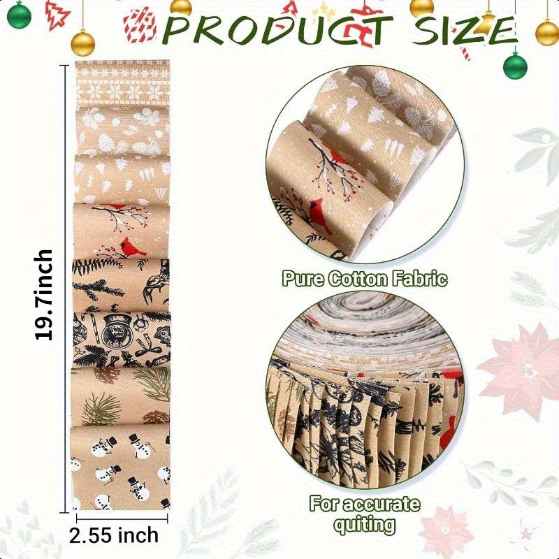 40pcs Of 6.5 * 50cm (2.55 * 19.7in) Christmas Retro Fabric Strips -8 Holiday Patterns (reindeer, Pine Cones, Snowflakes), DIY Splicing Handmade Craft Materials, Including Splicing Sets with Different Patterns, Enthusiasts Can