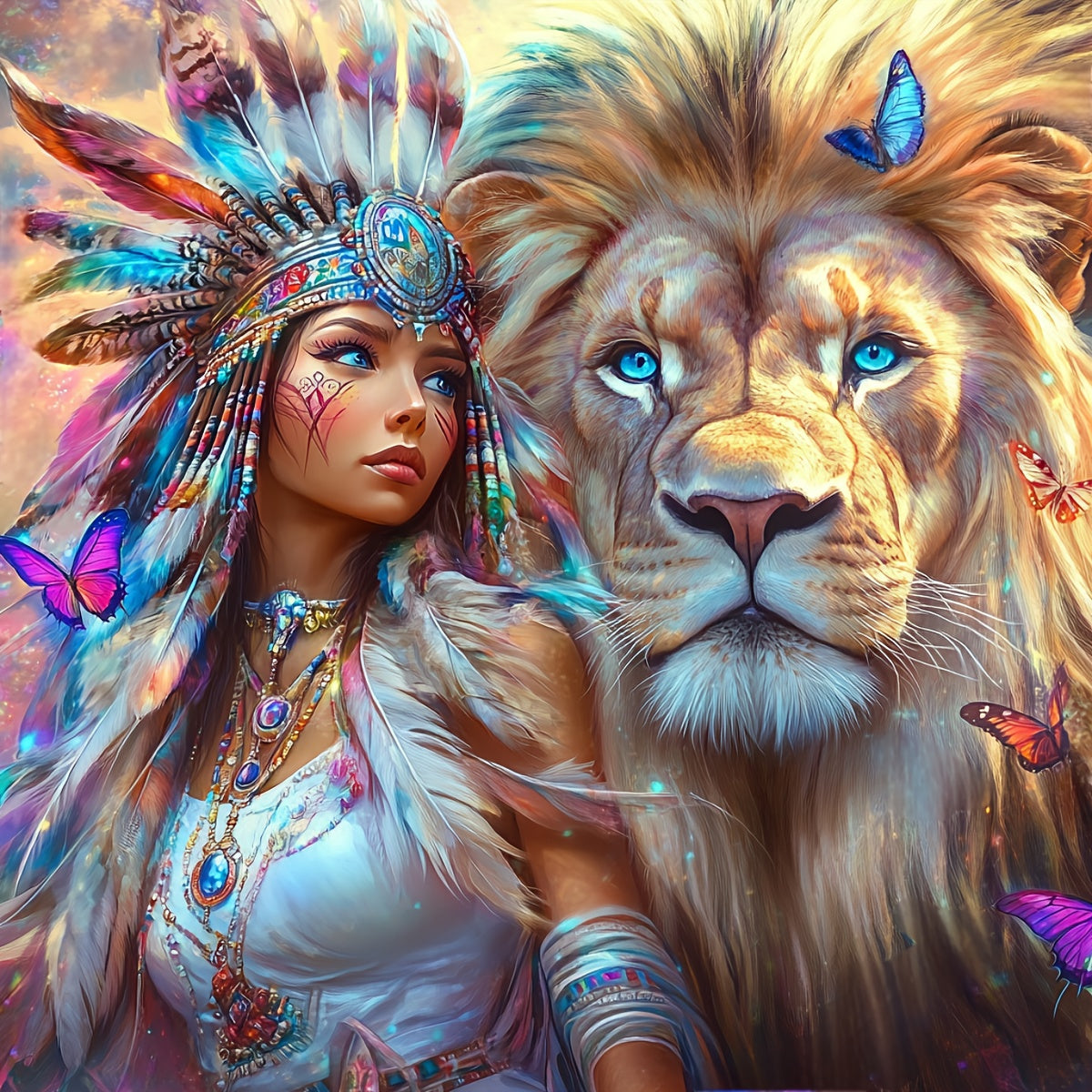 ZUOANLF 1set 50x50cm/19.7x19.7Inch DIY Cross Stitch Kit Frameless, The woman and the Lion, stamped cross stitch kits, Embroidery Set for Home Decor, Includes Patterned Fabric & Threads, Perfect for Living Room Entrance or Bed