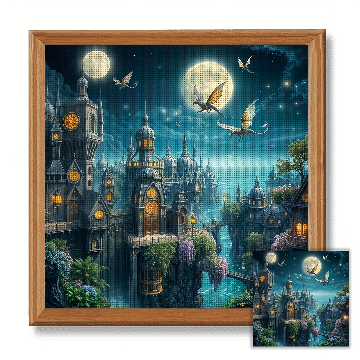 JOZYSH 15.75x15.75inch Fantasy Castle Town Cross Stitch Kit - Enchanted Moonlit Village with Dragons & Fairies, All-Season Fabric Cross Stitch Material, Perfect for Living Room, Bedroom Decor, or Home Art Gift, Bedroom Wall A