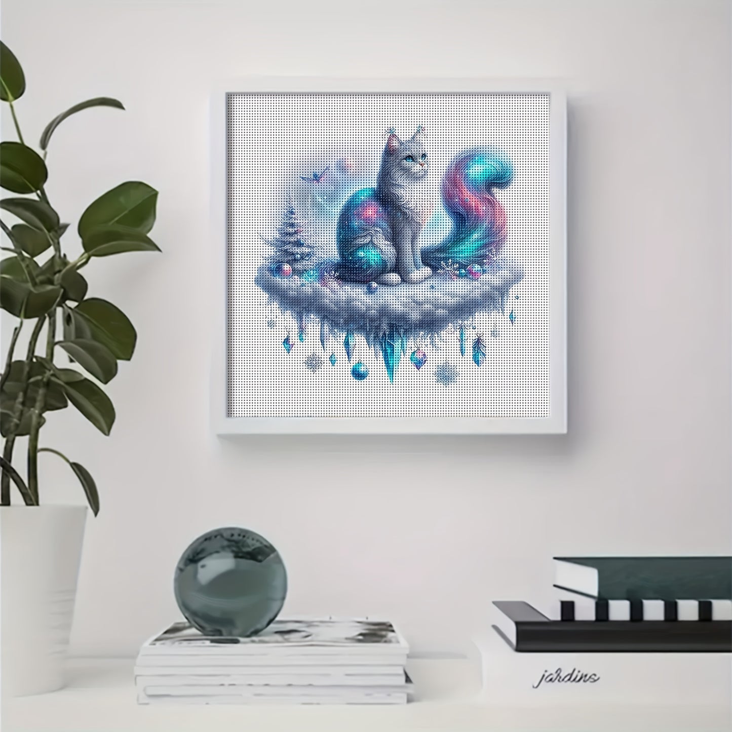 1 Set Complete DIY Cross-Stitch Painting Kit - White Turkish Van Cat with Turquoise Eyes & Pastel Colors (Pink/Blue/Purple/White/Gray/Black/Beige) - All-in-One Fabric with Numbered Threads & Color-Coded Chart - 11-Color Cross