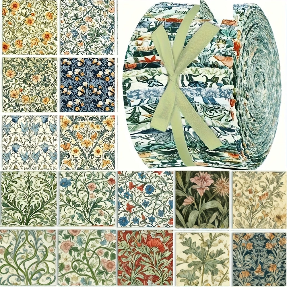 40pcs 6.5*50cm (2.55*19.7 inches) green background red flower series, articulated quilting fabric set, DIY patchwork crafts material with different patterns, hobbyist pre-cut DIY handmade doll clothes and sewing supplies.