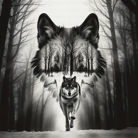 1pc 40x40cm/15.7x15.7" DIY Cross Stitch Kit - Gray Wolf in Winter Forest, Relaxing Adult Beginner Project with Printed Canvas, Needle, Thread, Pattern, and Instructions - Ideal for Home & Office Decor, Perfect Gift for Friend