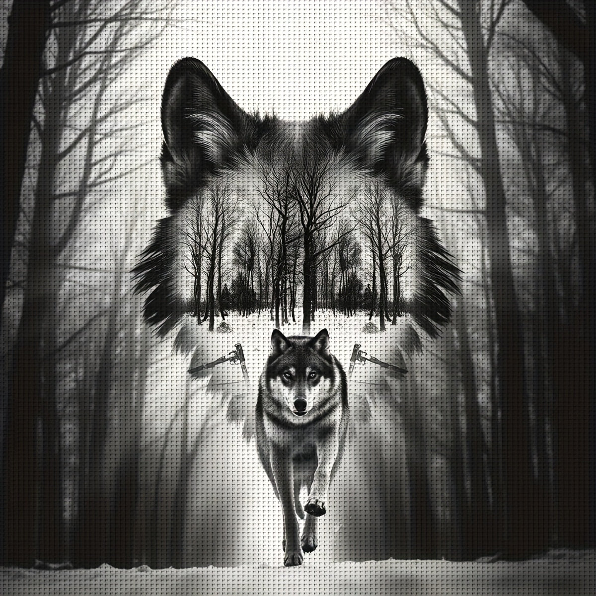 1pc 40x40cm/15.7x15.7" DIY Cross Stitch Kit - Gray Wolf in Winter Forest, Relaxing Adult Beginner Project with Printed Canvas, Needle, Thread, Pattern, and Instructions - Ideal for Home & Office Decor, Perfect Gift for Friend