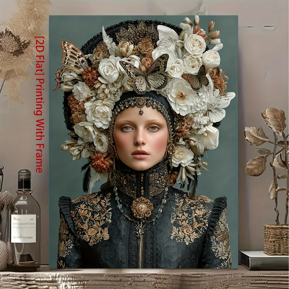 1pc Framed Lady in Butterfly Hat Wall Art - 12x16 Inch Modern Gothic Woman Painting with Floral & Jewel Portrait, Surreal Boho Decor, Frame & Wrapped Canvas Print for, Bedroom, Office - Victorian-Inspired, 2D Flat, Cross Stit
