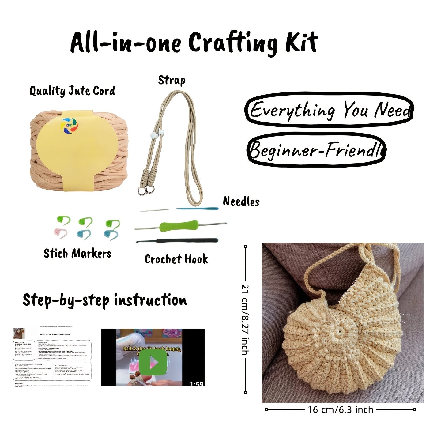 Complete DIY Handmade Seashell Crochet Tote Bag Kit for Beginners - All-in-One Craft with Striped Yarn, Hook & Step-by-Step Guide (Khaki/Turquoise) - Create Your Own Handmade Gift, Beach Bag, -Shaped Purse with Tools Included