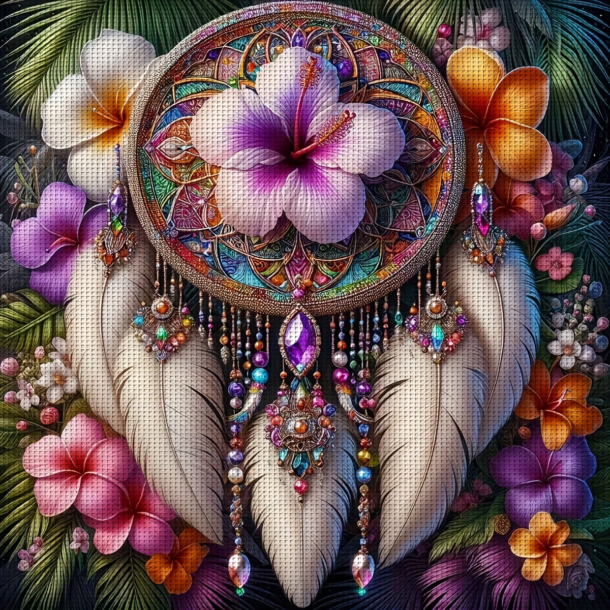 ZUOANLF 1set 40x40cm/15.7x15.7Inch DIY Cross Stitch Kit Frameless, Beautiful dream catcher, stamped cross stitch kits, Embroidery Set for Home Decor, Includes Patterned Fabric & Threads, Perfect for Living Room Entrance or Be