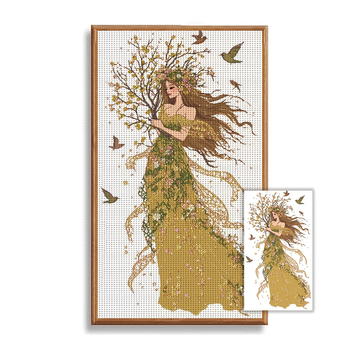 JOZYSH 1pc, 15.75x27.56inch DIY Cross Stitch Kit - Enchanting Tree Woman with Birds, Vibrant Floral Dress Design, Perfect for Living Room, Bedroom Decor, Home Art Gift, Seasonal Home Decor | Vibrant Floral Dress | Detailed St