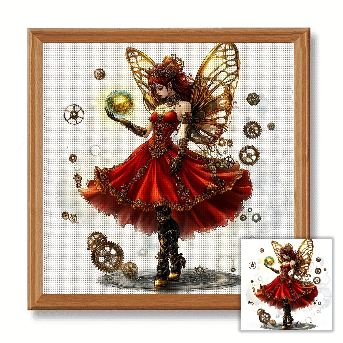 JOZYSH 1pc 15.75x15.75inch DIY Cross Stitch Kit - Steampunk Fairy with Golden Wings & Mechanical Gears, Vibrant Red Dress, Perfect for Home Decor, Bedroom Art, or Gift, All-Season Themed Fabric, Bedroom Art Piece | Vibrant Cr