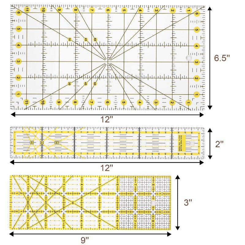 8piece Square Quilting Rulers Non Slip And Templates Acrylic Sewing Ruler Set with 24pcs Antislip Mat 3.5"X3.5" 5"X5" 8"X8" 10"X10" 12.5"X12.5" 6.5"X12" 2"X12" 3"X9" (Yellow)