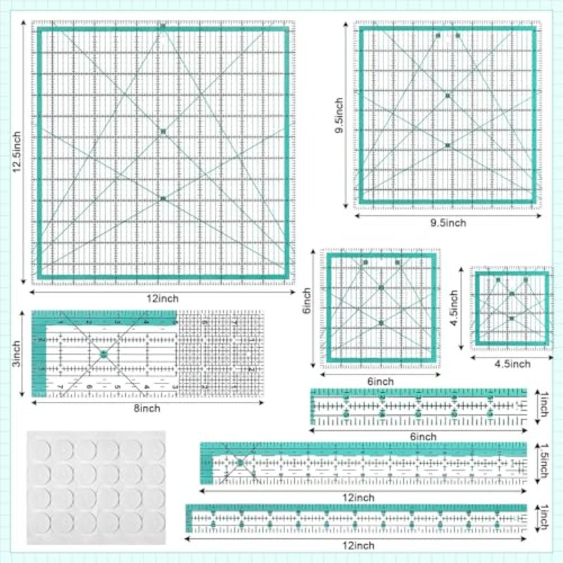Flutesan 8pcs Acrylic Square Quilting Ruler and Templates 4. 5 6 9. 5 12. 5 1. 5 x 12 1 x 12 3 x 8 1 x 6 Acrylic Sewing Ruler for Quilting and Sewing with Non Slip Rings 24pcs,  Precision Sewing Aid, Square Sewing Templates,