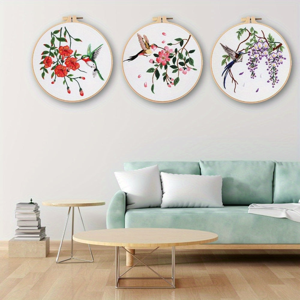 3 Hummingbird Embroidery Kits, Needle Felting Kits (for Adults) Cross Stitch Kits with Clear Instructions, Easy and Fun Printed Bird and Flower Patterns Fabric Crafts, Gifts for Beginning Embroidery Lovers