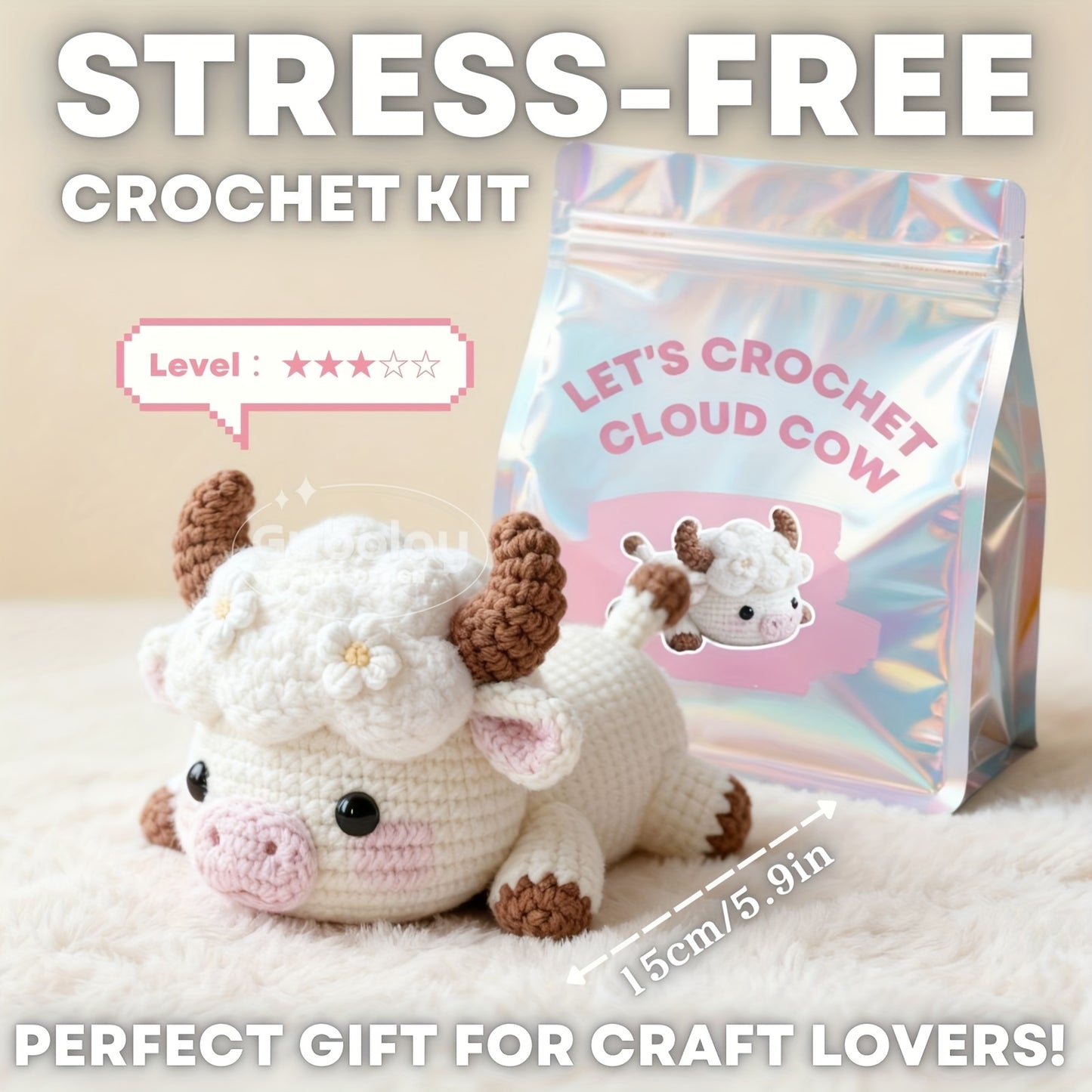 Cloud Cow Crochet Beginner Kit for Adults | Easy Craft Gift with Step-by-Step Instructions | Includes Soft Yarn, Hooks & Accessories | Cute Animal Doll Crochet Material Pack | Fun Design