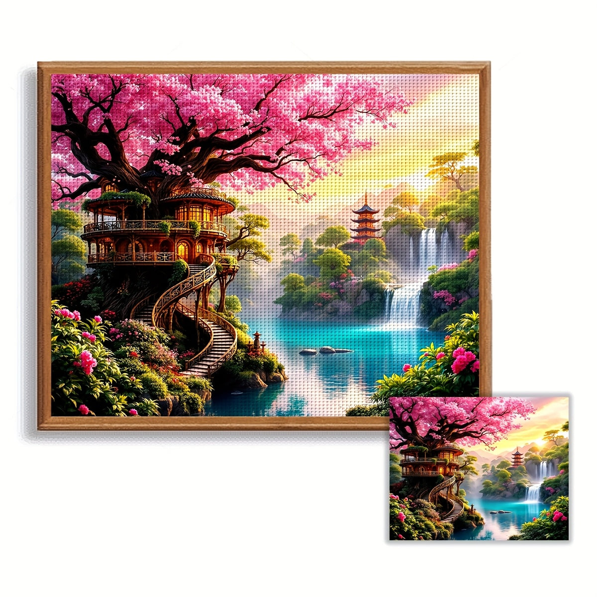 ZUOANLF 1 Set 15.75x19.69inch DIY Cross Stitch Kit - Vibrant Landscape with Cherry Blossom Tree, Waterfall, and Pagoda - Unframed, All-Season Home Decor for Living Room, Entryway, or Bedroom - Includes Pattern Fabric and Thre