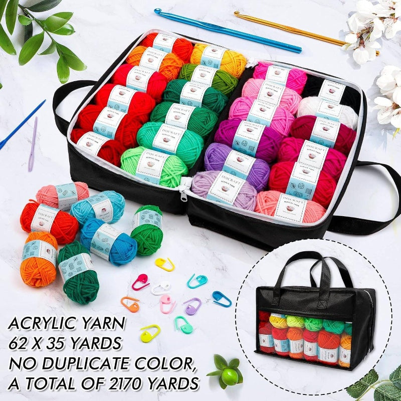 62-Skein Acrylic Yarn Craft Kit with 2170 Yards Total Yarn (34.5 Skeins) - Complete Knitting & Crochet Set with 2 Crochet Hooks, Weaving Needles, 10 Markers & Storage Case - All-in-One Beginner-Friendly Crafting Kit for Adult