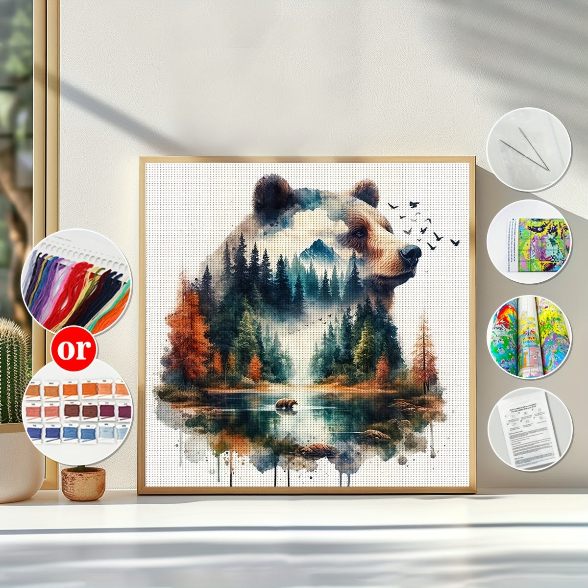 1pc JOZYSH 15.75x15.75inch DIY Cross Stitch Kit - Double Exposure Bear & Landscape, Relaxing Adult Beginner Project with Printed Canvas, Needles, Threads, Patterns & Instructions - Perfect for Home & Office Decor, Ideal Gift