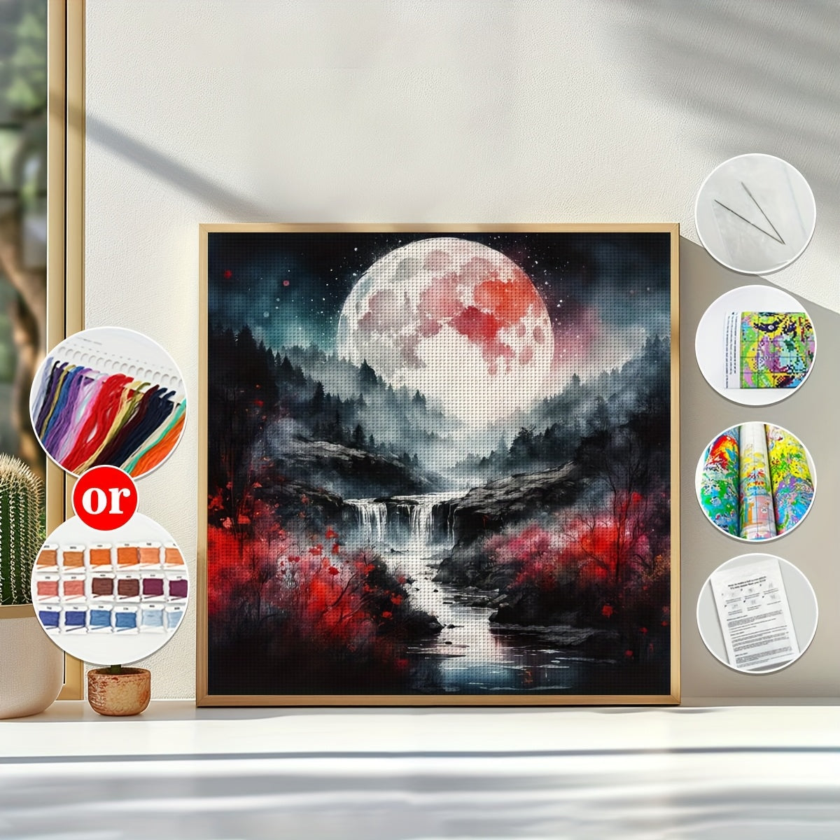 JOZYSH 11CT/14CT Cross Stitch Kit, Unframed 15.7x15.7in - Mystical Nighttime Landscape with Full Moon & Waterfall, Complete DIY Set for Beginners, Includes Pre-Printed Canvas, Needles, Thread, Chart & Instructions - Ideal Han